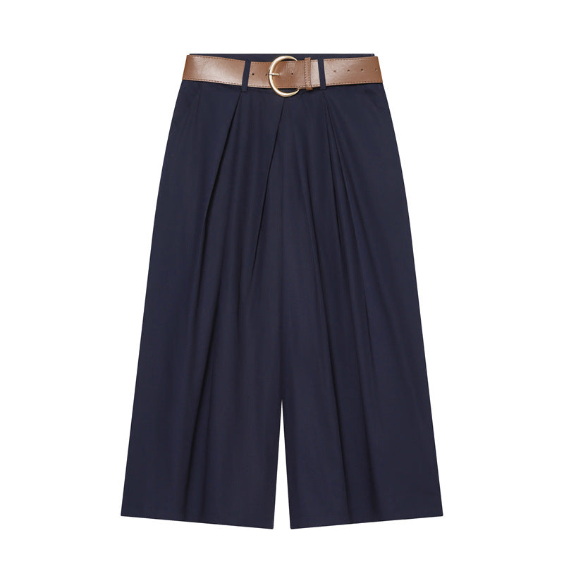 Women's High-Waisted Culotte Pants with Wide Leg, Knife Pleats and Round Buckle Belt Mune Fashion