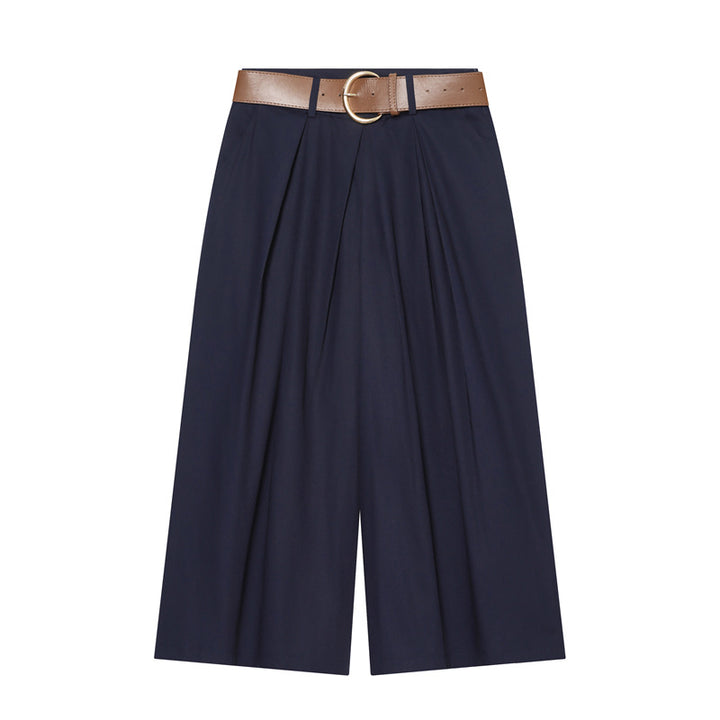 Women's High-Waisted Culotte Pants with Wide Leg, Knife Pleats and Round Buckle Belt Mune Fashion