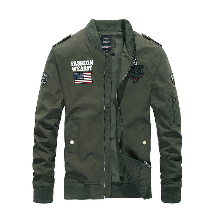 Men's Vintage Canvas Bomber Jacket with Patch Applications and Arm Pocket Mune Fashion