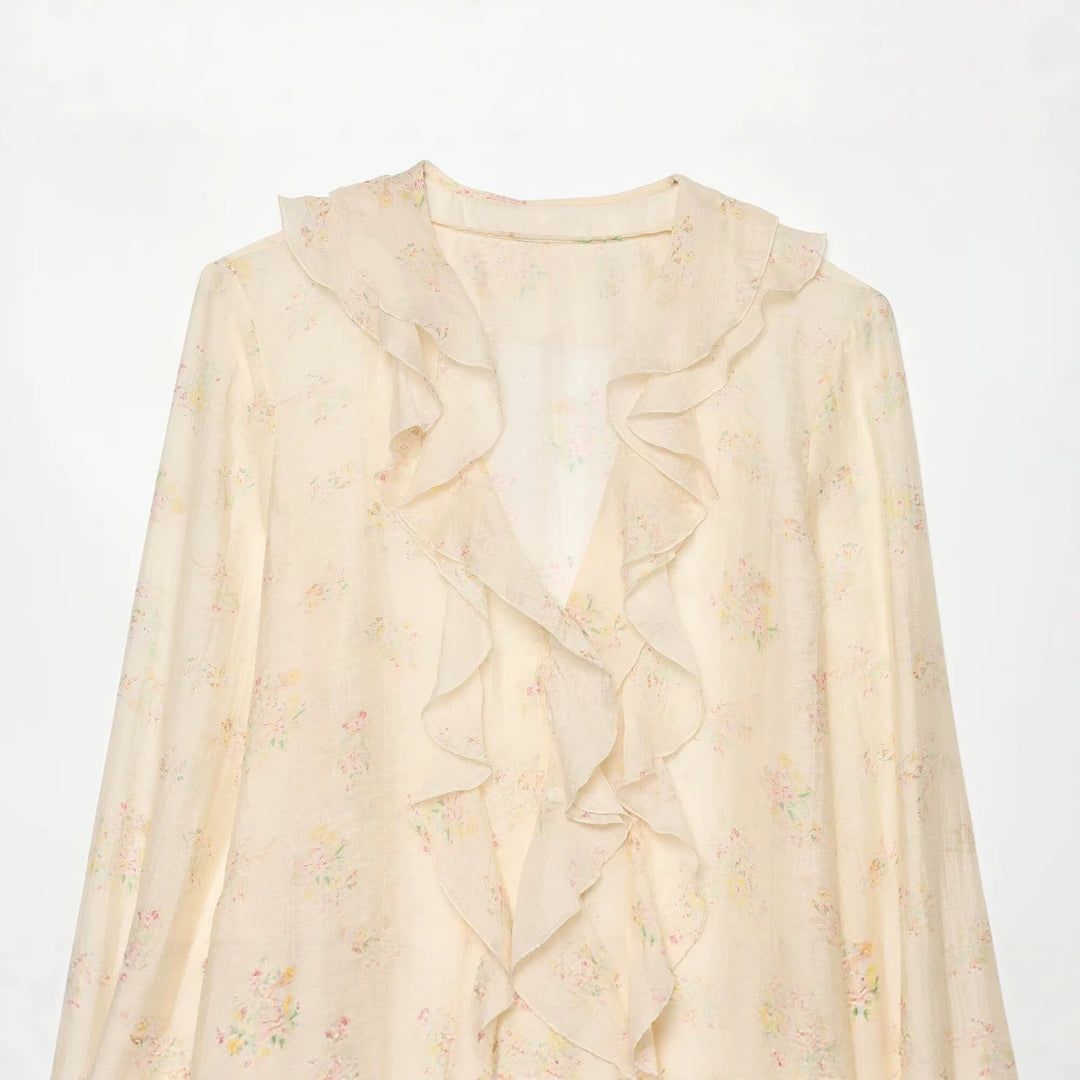 Women Lightweight Chiffon Blouse with Ruffle Collar, Deep V-Neck and Ruffled Trumpet Sleeves Drune