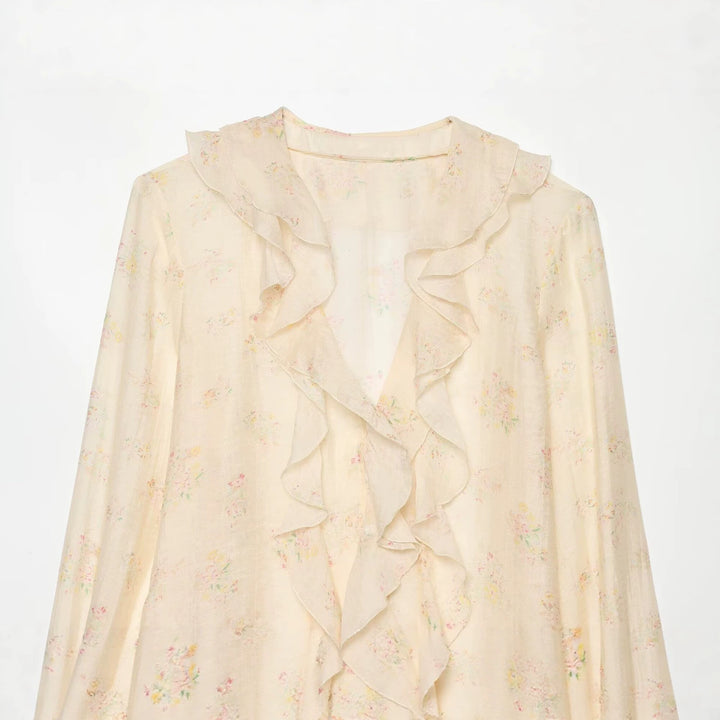 Women Lightweight Chiffon Blouse with Ruffle Collar, Deep V-Neck and Ruffled Trumpet Sleeves Drune
