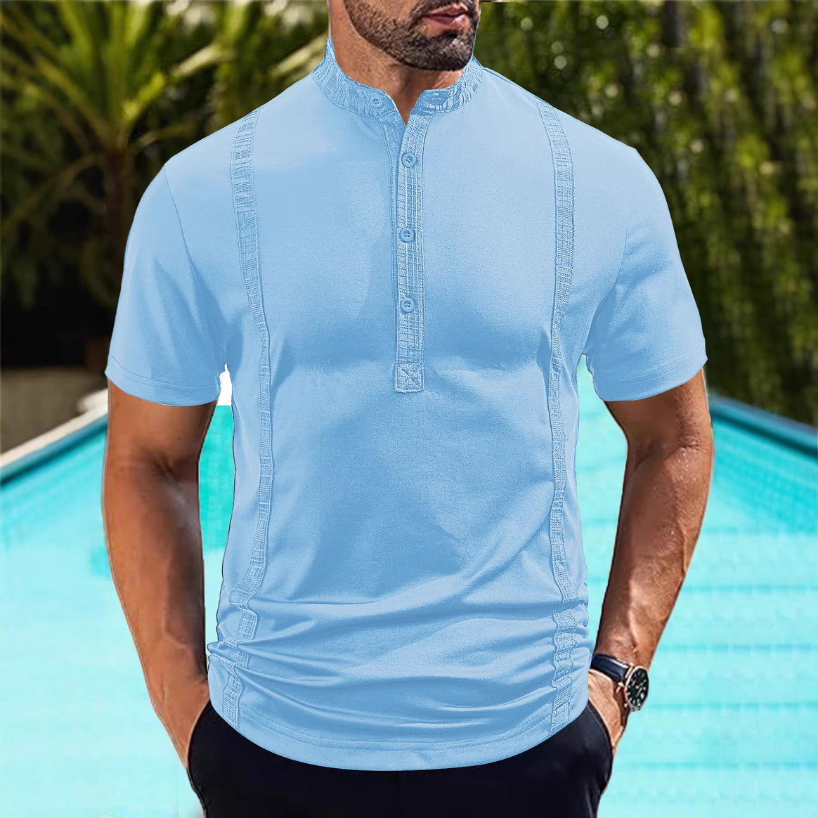 Men's short sleeve stand collar shirt with concealed button placket, decorative piping and fitted silhouette Mune Fashion
