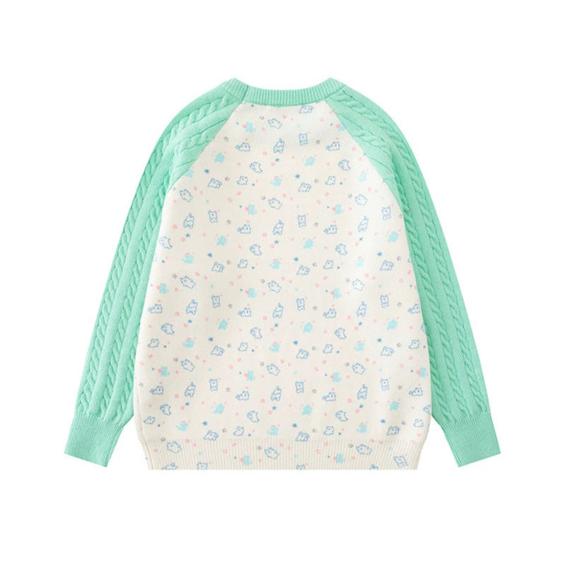 Women's knitted sweater with raglan sleeves, cable pattern sleeves and cartoon cat front print Mune Fashion