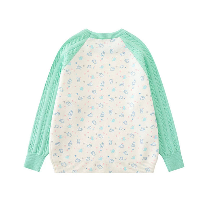 Women's knitted sweater with raglan sleeves, cable pattern sleeves and cartoon cat front print Mune Fashion