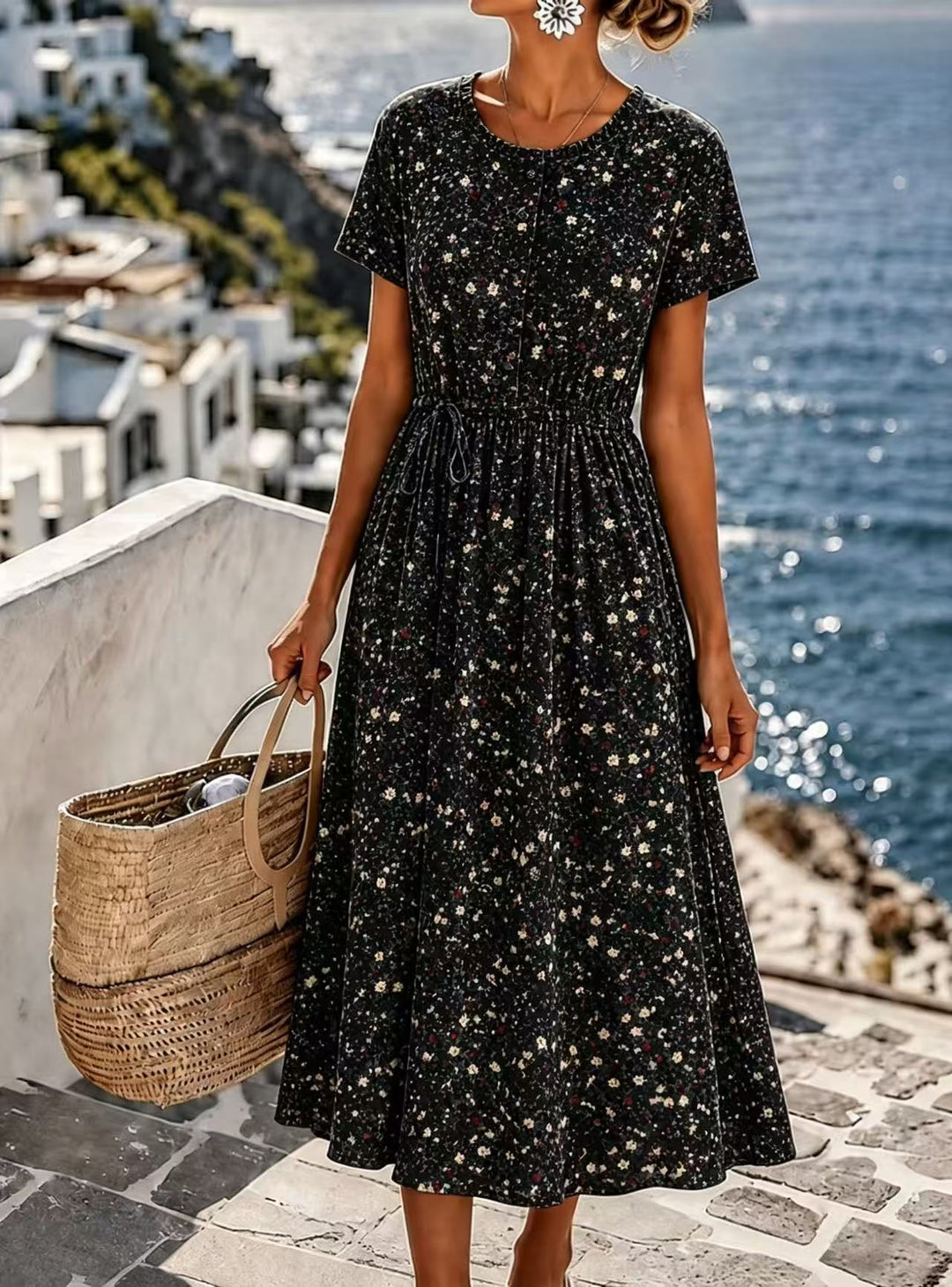 Ladies Midi Dress with Floral Allover Print, Drawstring Waistband and Button Placket Mune Fashion