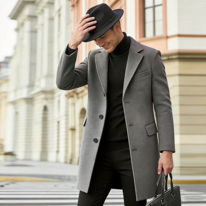 Men's elegant city coat made of wool blend with slim silhouette, notched collar and patch pockets Mune Fashion
