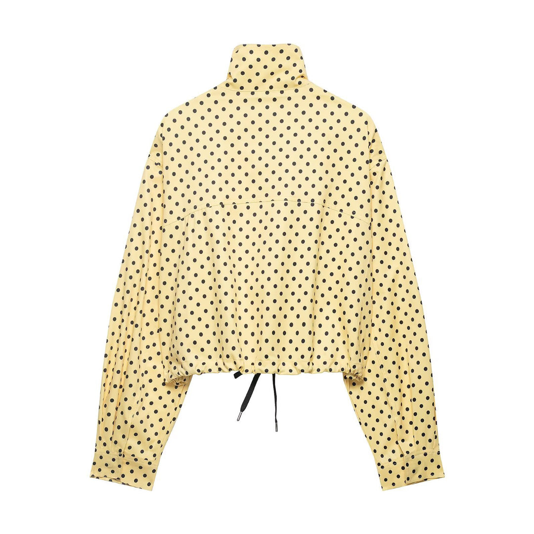 Women's Cropped Transition Jacket with Polka Dot, High Funnel Collar and Drawstring Mune Fashion
