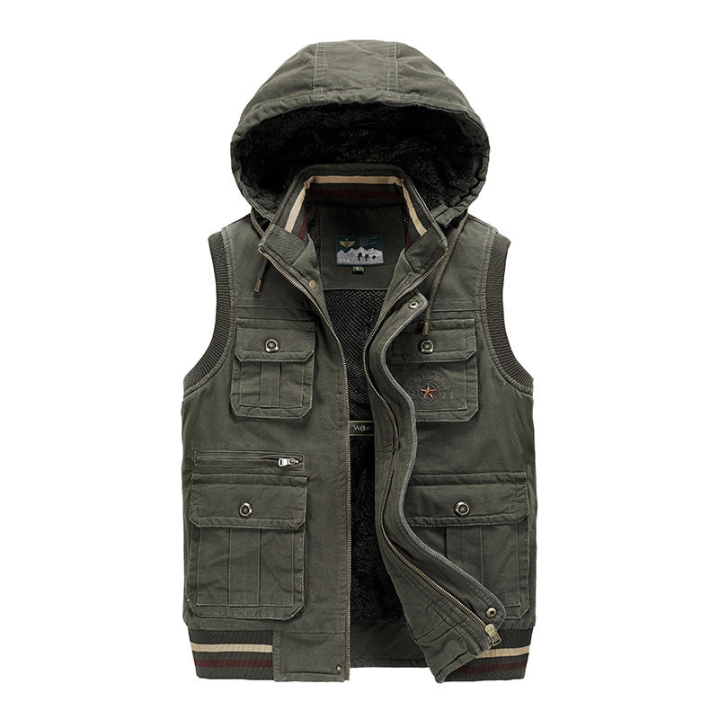 Men's Sleeveless Canvas Vest with Hood, Teddy Lining and Multi-Function Pockets Mune Fashion