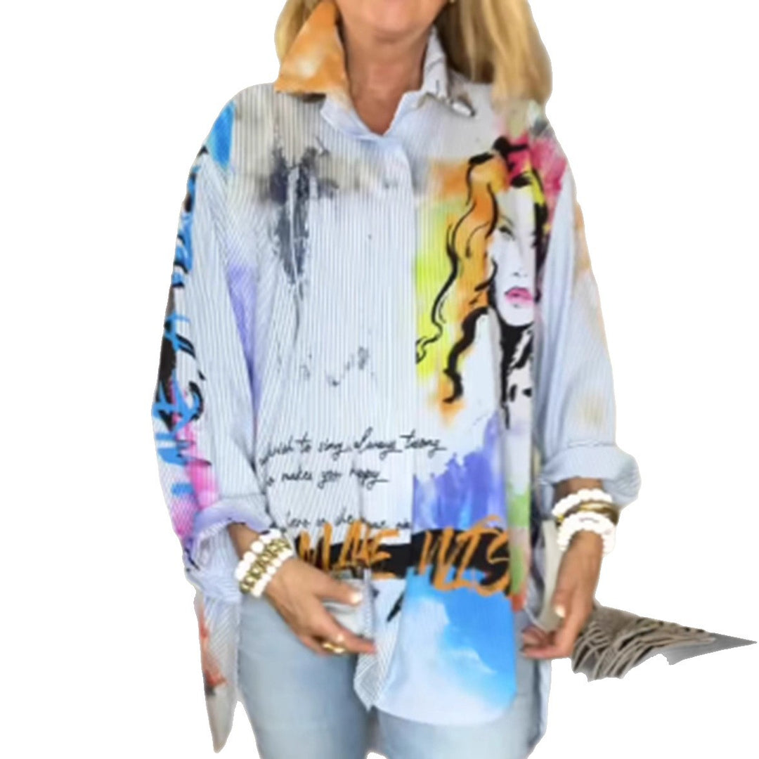 Women's elegantly printed loose-fitting shirt blouse with pop art motif and pinstripes Mune Fashion