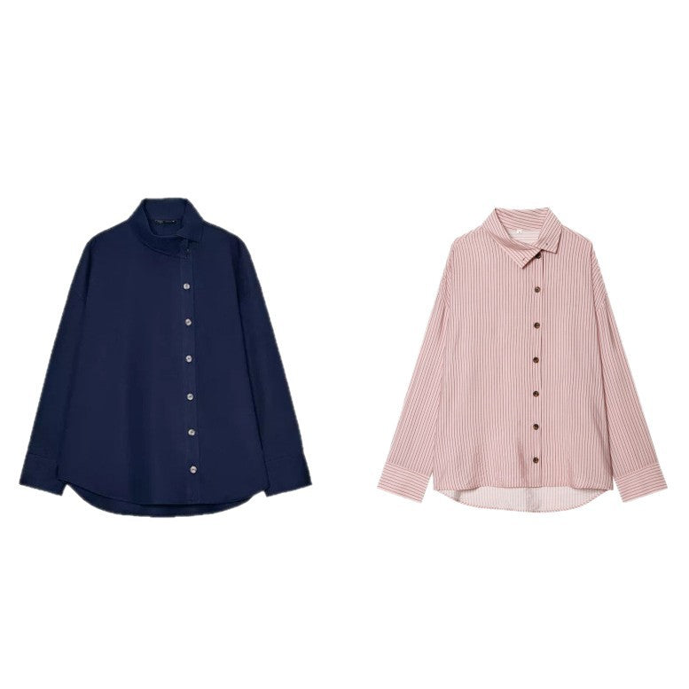 Women's Oversize Shirt Blouse with Asymmetrical Stand Collar and Extended Back Section Mune Fashion