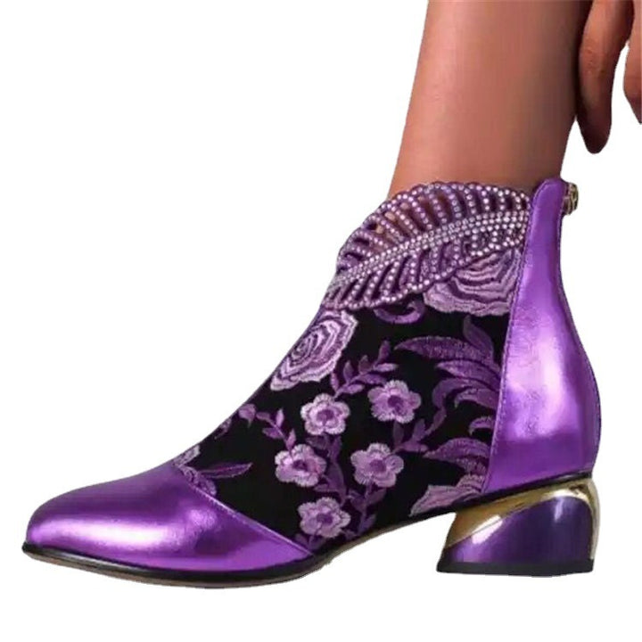 Women's embroidered ankle boots with velvet insert, pearl embellishments, and sculpted block heel Mune Fashion