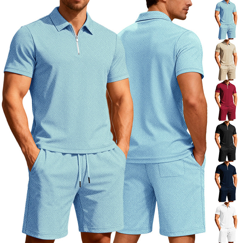 Men's comfortable lounge two-piece set made of structured cotton blend with half-zip polo shirt and drawstring shorts Mune Fashion