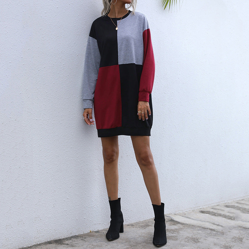 Women's Loose Block Design Sweatshirt Dress with Oversize Fit and Cuffs