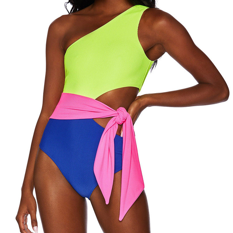 Women's One-Piece Swimsuit with Asymmetrical Design and Fashionable Wrap Waist Mune Fashion
