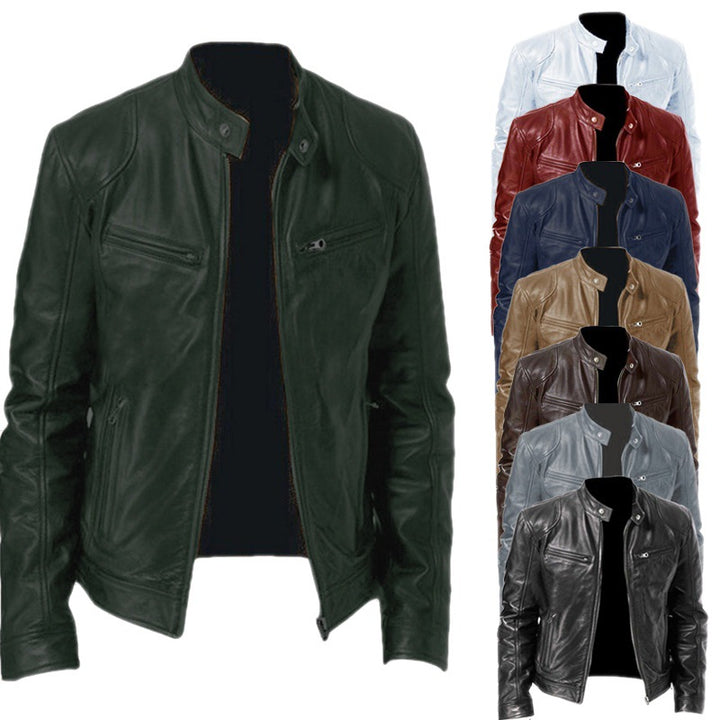 Men's slim genuine leather biker jacket with stand-up collar, two zippered chest pockets and straight silhouette Mune Fashion