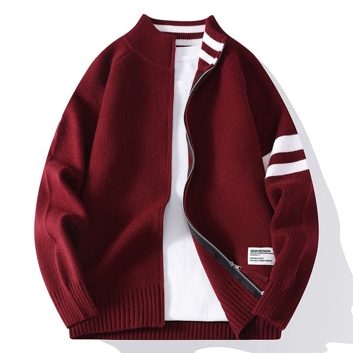 Men's knitted zip cardigan in college style with striped sleeve band and ribbed stand-up collar Mune Fashion