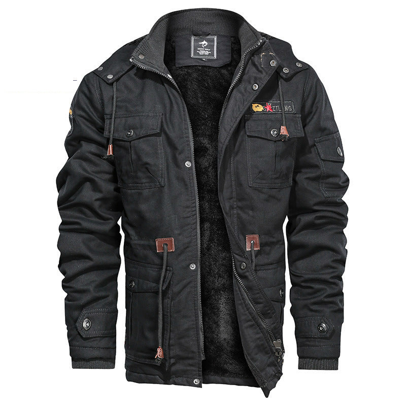 Men's Military-Inspired Canvas Field Jacket with Hood, Drawstring Waist and Fleece Lining Mune Fashion