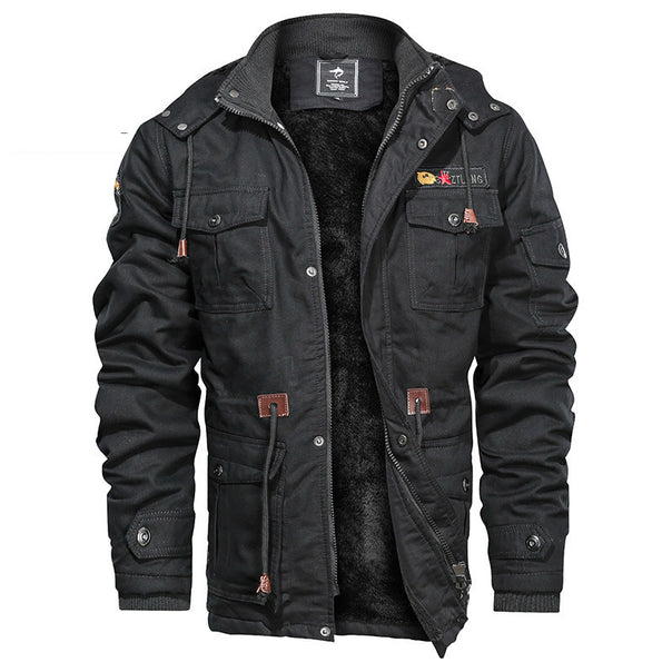 Men's Military-Inspired Canvas Field Jacket with Hood, Drawstring Waist and Fleece Lining Mune Fashion