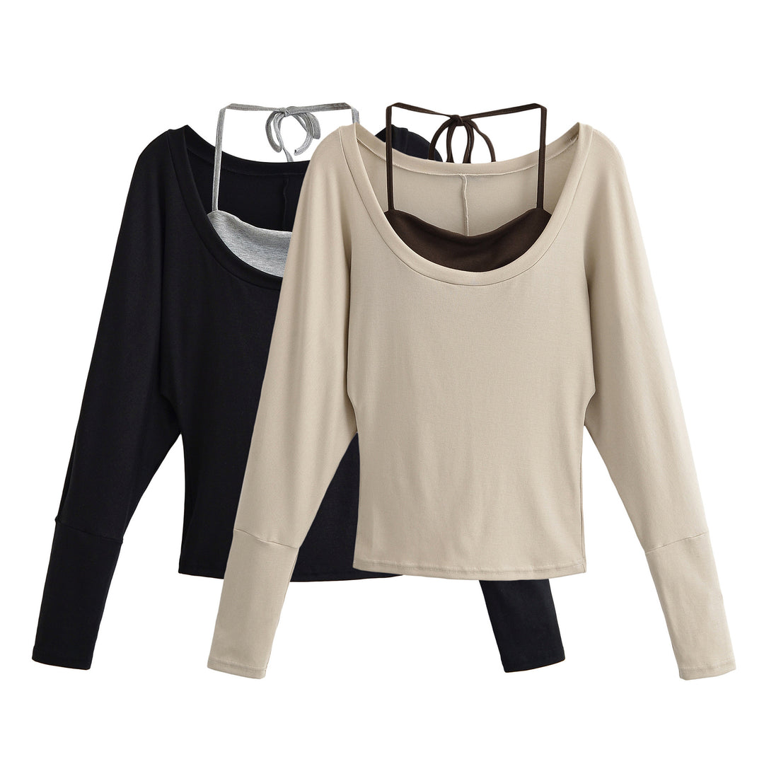 Women's Layered Long Sleeve Shirt with Integrated Spaghetti Strap Cami and Wide Round Neck Mune Fashion