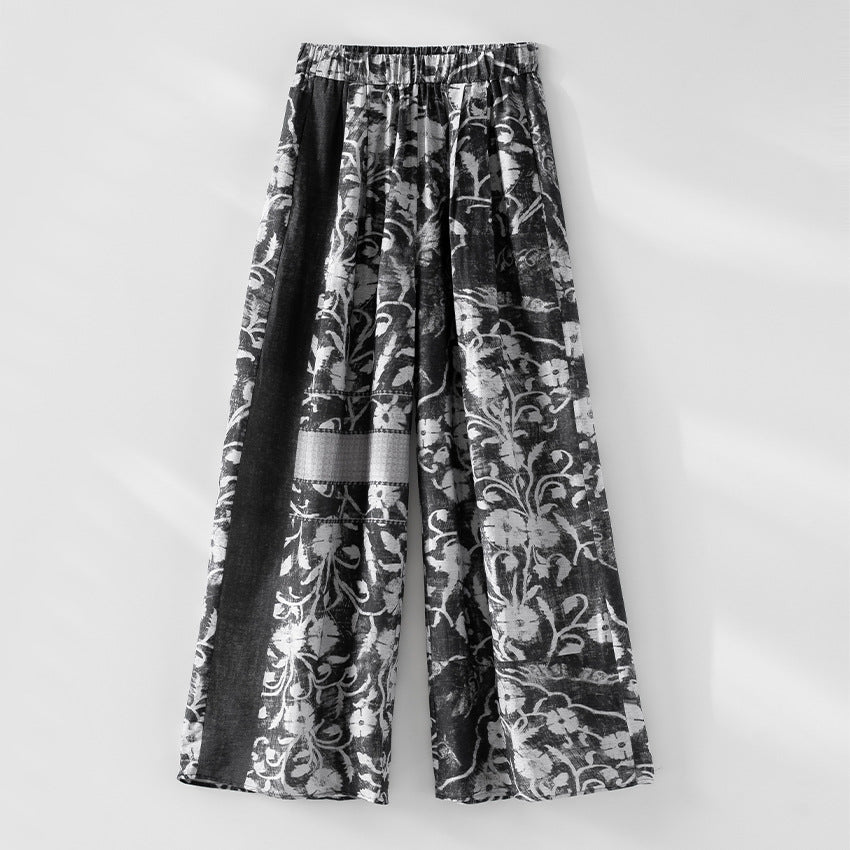 Women's Wide Linen Blend Pants with Elastic Waistband, Palazzo Cut and Ornamental Print Mune Fashion