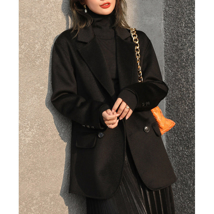 Women Elegant Long Blazer with Double Button Placket Mune Fashion