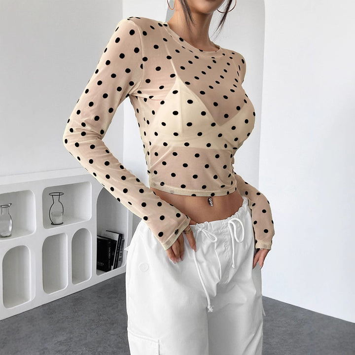 Women’s belly-free mesh fabric top with polka dot pattern and integrated bustier Mune Fashion