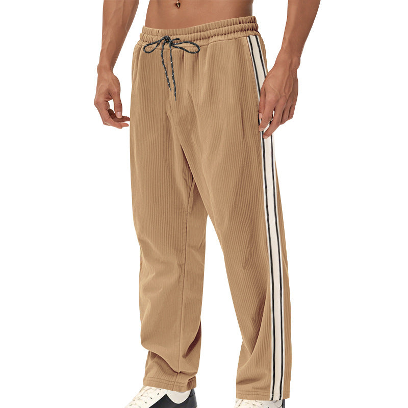 Men's Relaxed Corduroy Look Track Pants with Side Stripes, Elastic Waistband & Drawstring Mune Fashion