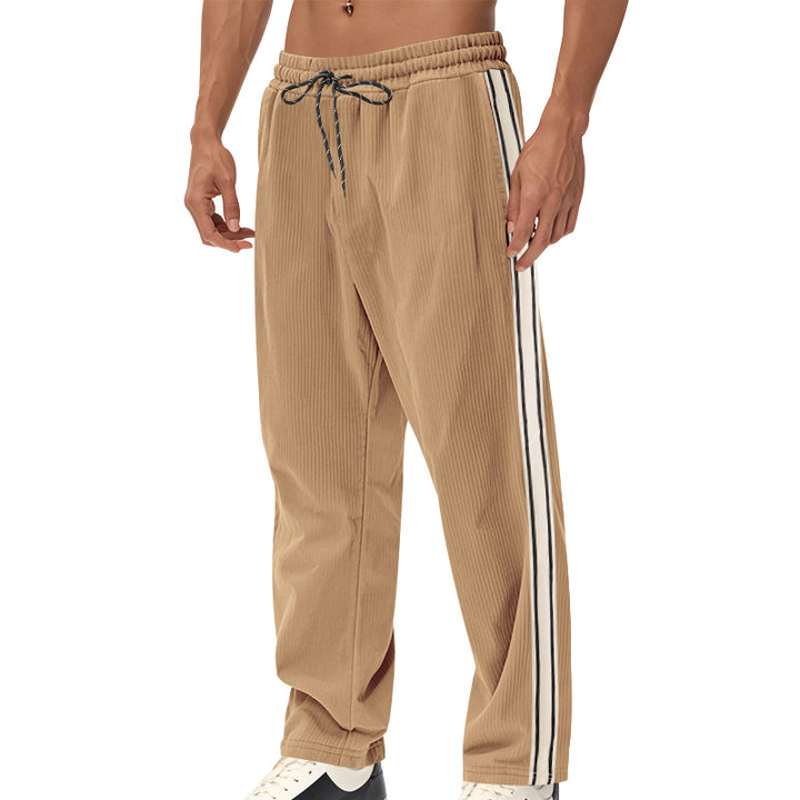Men's Relaxed Corduroy Look Track Pants with Side Stripes, Elastic Waistband & Drawstring Mune Fashion