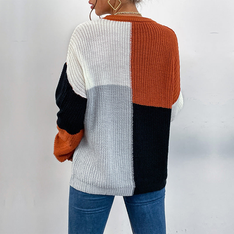 Women Chunky Knit Colorblock Sweater Oversized with Round Neck & Balloon Sleeves Mune Fashion