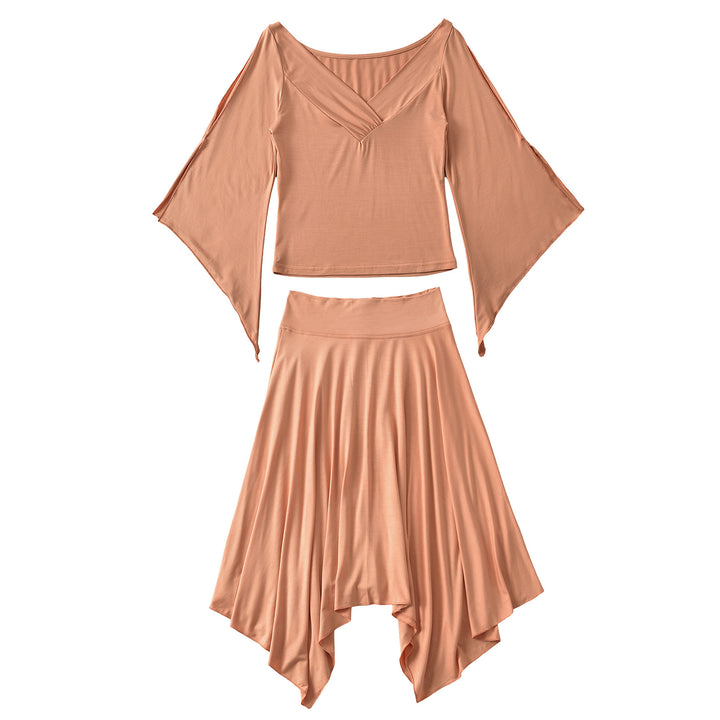 Women's Two-Piece Set with Draped Top with Bat Sleeves and Asymmetrical Flared Skirt Mune Fashion