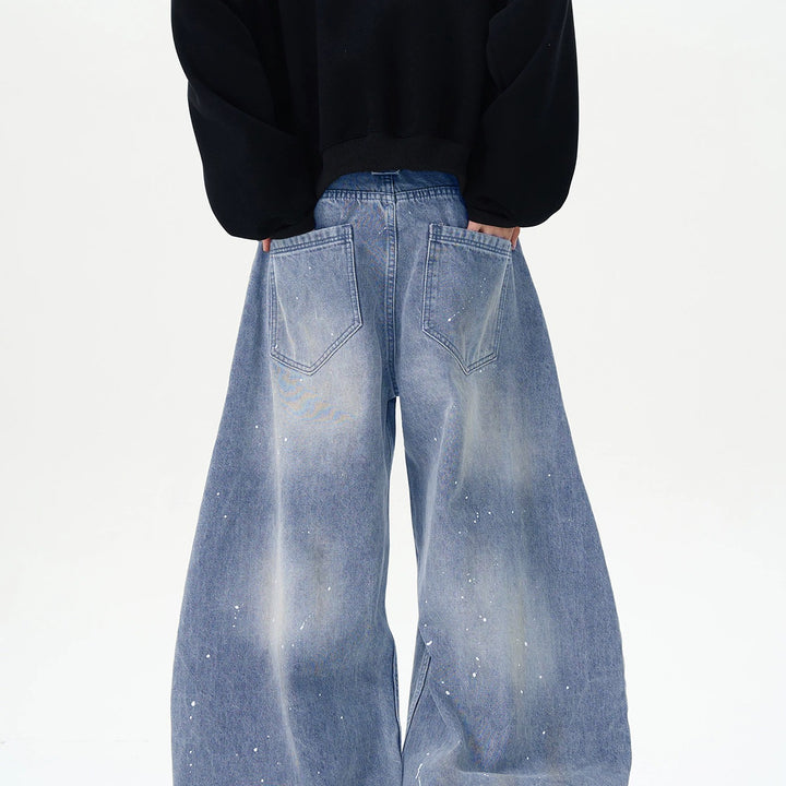 Men's Extra Wide Paint Effect Baggy Jeans with Low Crotch and Used Wash Mune Fashion