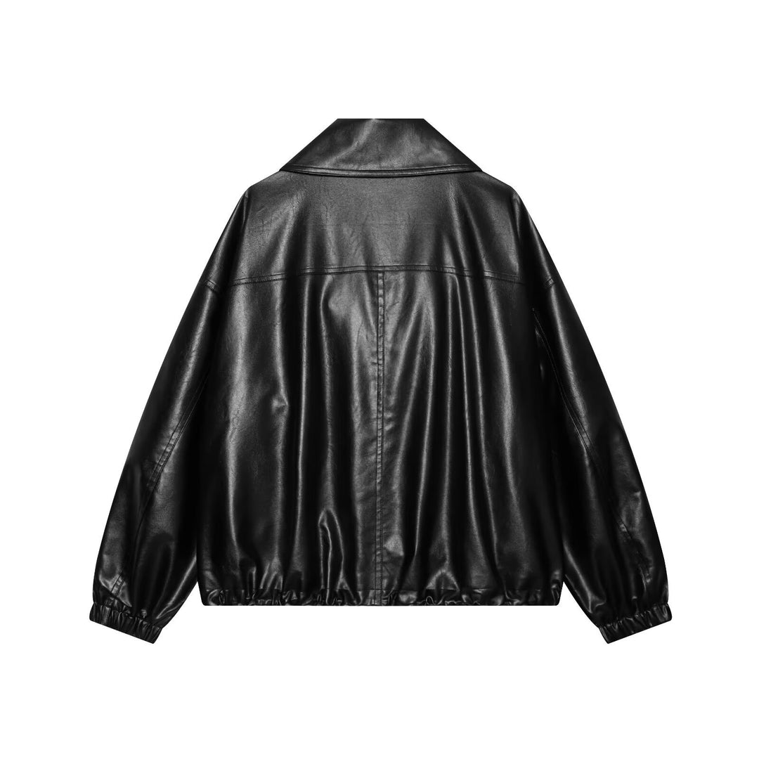 Women's Oversized Faux Leather Bomber Jacket with Wide Lapel Collar and Elastic Hem Mune Fashion