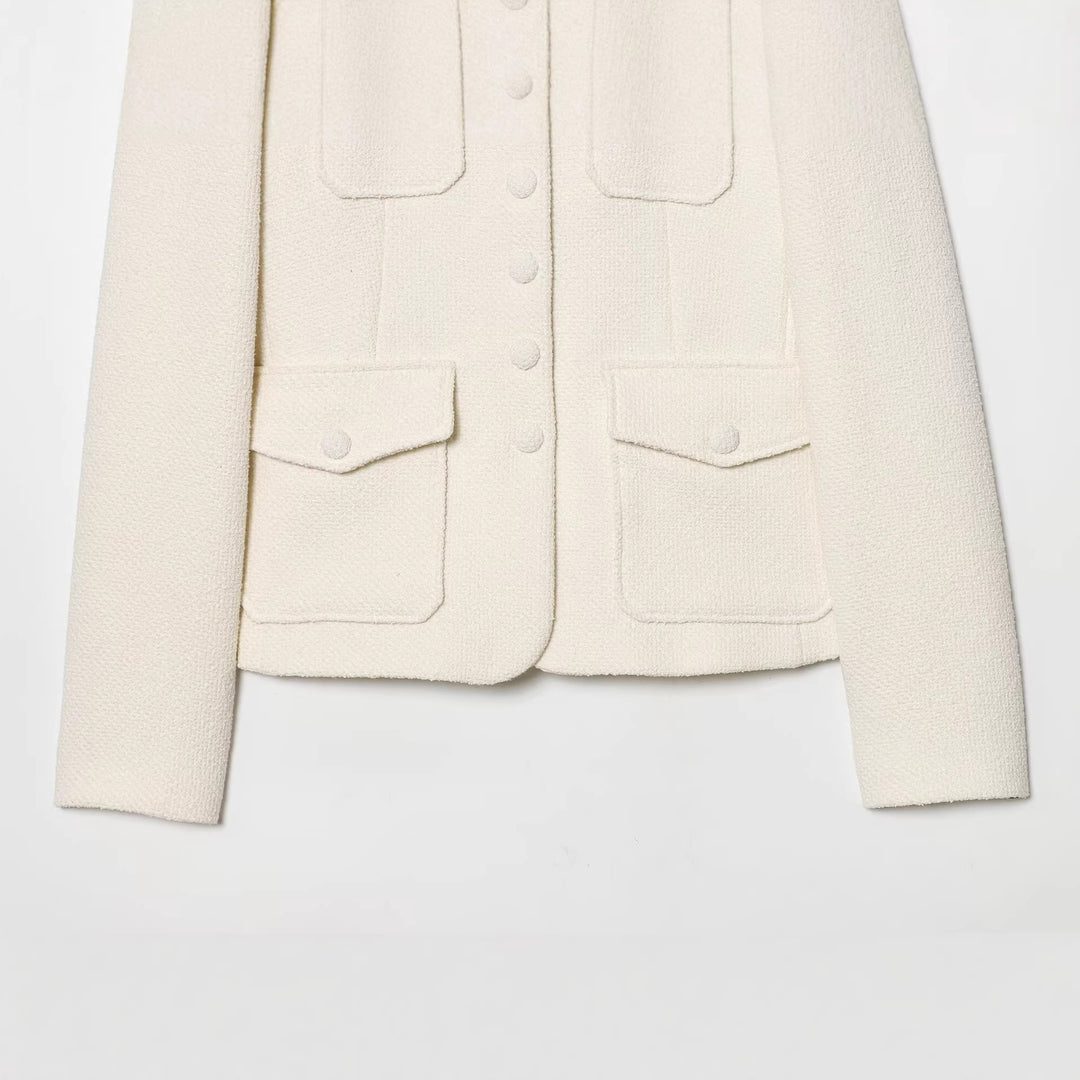 Women's Boucle Cropped Jacket with Stand-up Collar, Covered Buttons and Flap Pockets Mune Fashion
