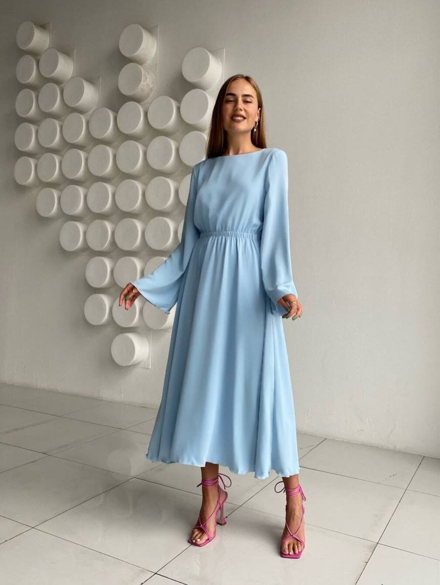 Women Flowing Midi Dress with Boat Neck Elastic Waist yoke and Flared Cuff Sleeves Mune Fashion