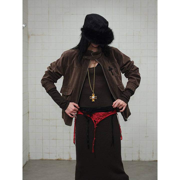 Men's short cut velour blouson jacket with funnel collar, patch pockets, and decorative cross application Mune Fashion
