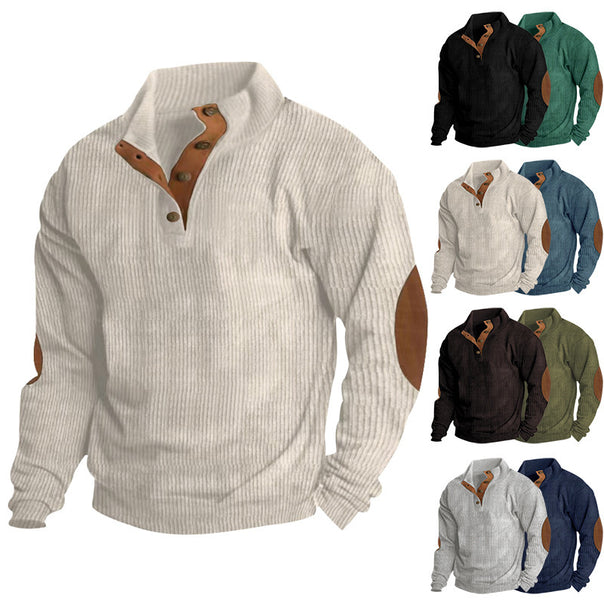 Men's Ribbed Henley Sweater with Stand Collar, Button Placket & Leather Elbow Patches Mune Fashion
