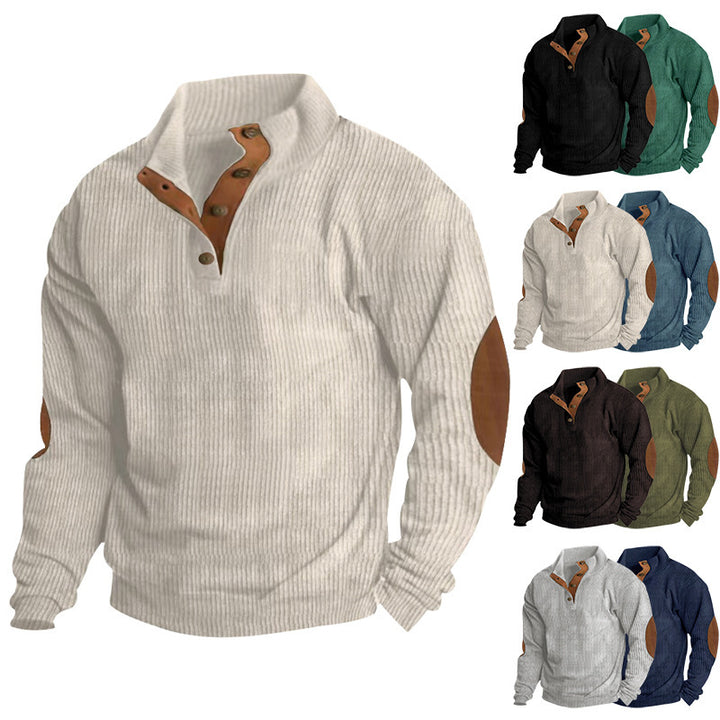 Men's Ribbed Henley Sweater with Stand Collar, Button Placket & Leather Elbow Patches Mune Fashion