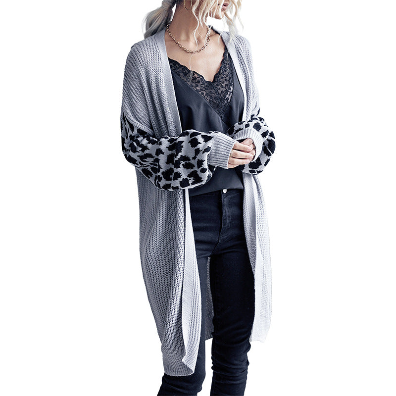 Women Long Open Knit Cardigan with Leopard Pattern Sleeves and Ribbed Hem Mune Fashion