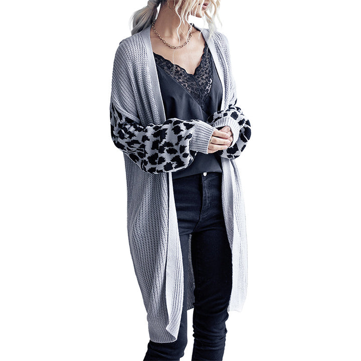 Women Long Open Knit Cardigan with Leopard Pattern Sleeves and Ribbed Hem Mune Fashion