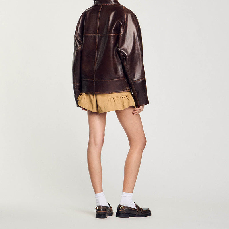 Women Short Cut Oversized Leather Jacket with Round Collar and Flap Pockets Mune Fashion