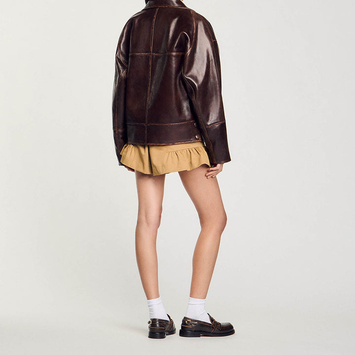 Women Short Cut Oversized Leather Jacket with Round Collar and Flap Pockets Mune Fashion