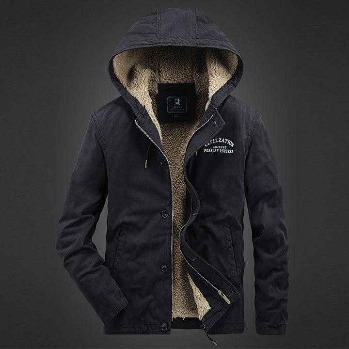 Men's Hooded Canvas Parka with Teddy Lining and Windproof Front Mune Fashion