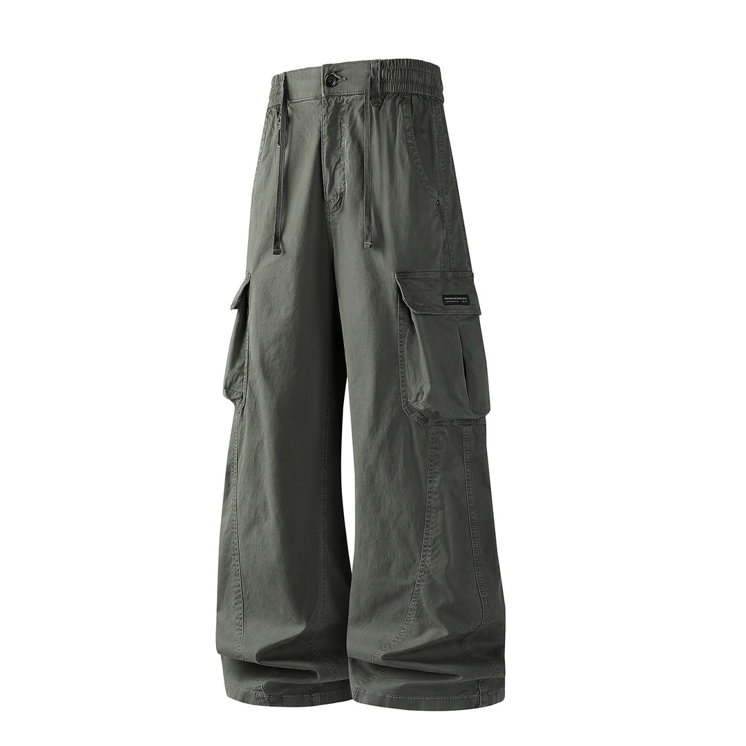 Men's Loose Utility Cargo Pants with Drawstring Waistband, Segment Seams and Large Flap Pockets Drune