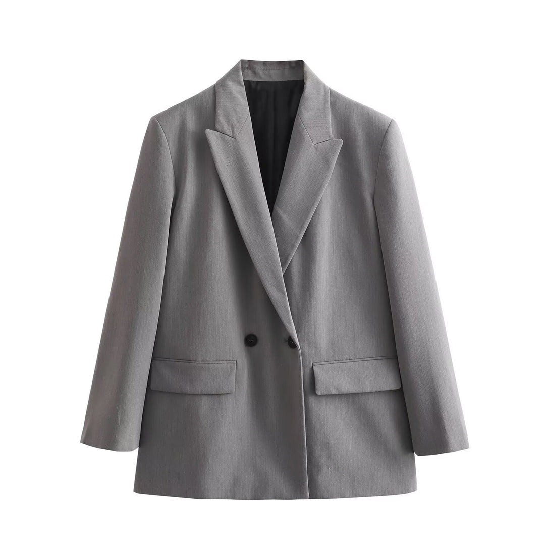 Women's Double-Breasted Blazer with Lapel Collar, Longer Oversized Cut and Flap Pockets Mune Fashion