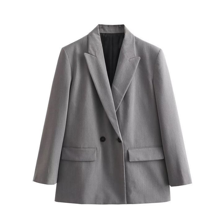 Women's Double-Breasted Blazer with Lapel Collar, Longer Oversized Cut and Flap Pockets Mune Fashion