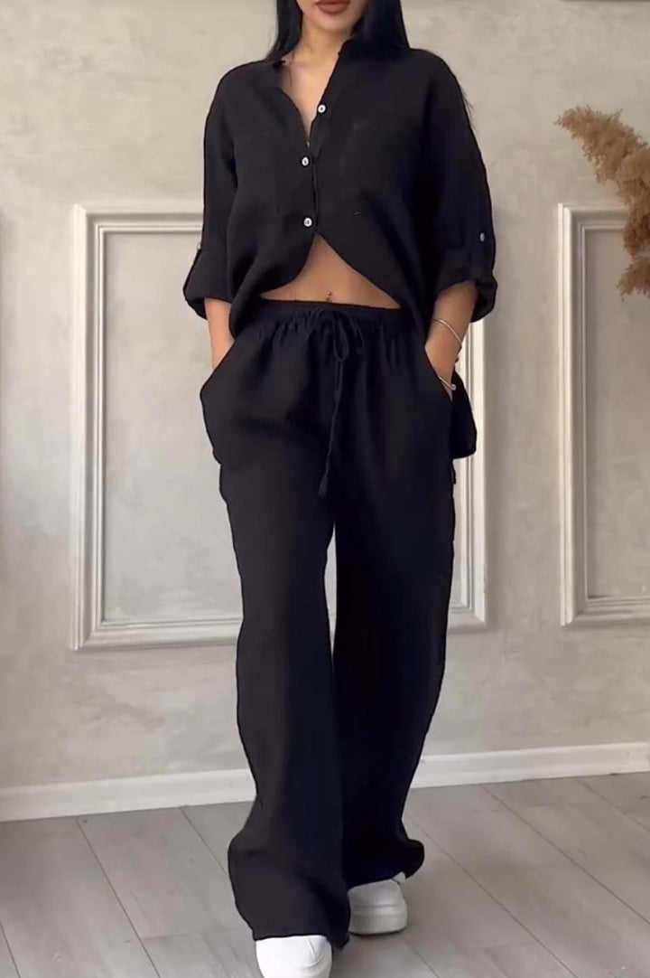 Women's casual linen two-piece set with loose shirt blouse, patch breast pockets, and elastic drawstring waistband Mune Fashion