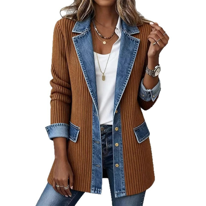 Women Long Knit Coat with Denim Collar Mune Fashion