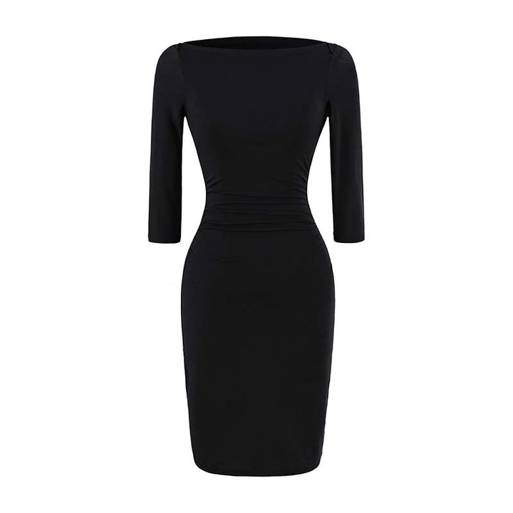 Women’s Fitted Midi Dress with Boat Neck, Three-Quarter Sleeves and Gathered Waist