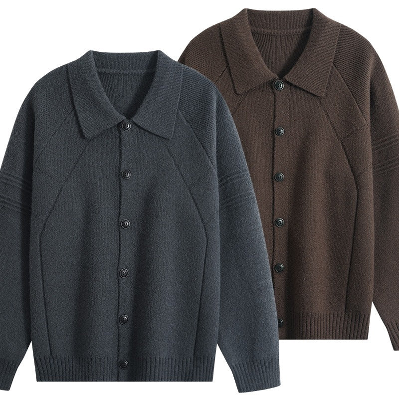 Men's knit cardigan with shirt collar, raglan sleeves & ribbed hem Mune Fashion