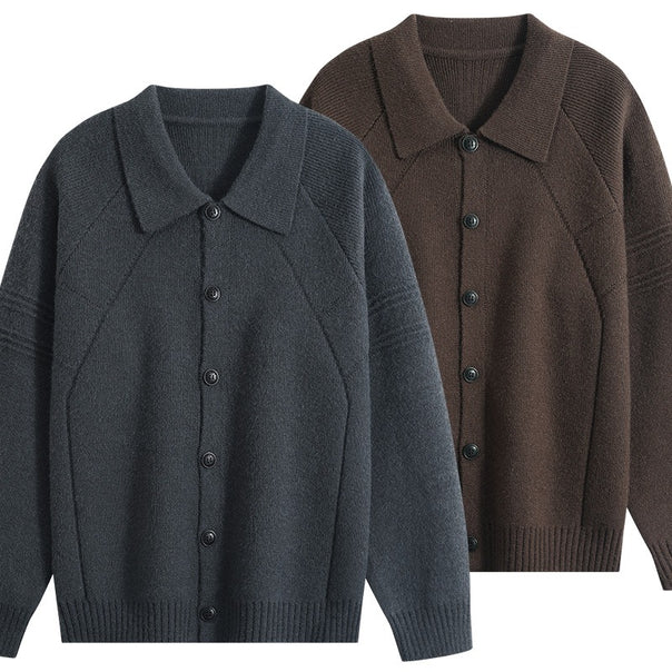 Men's knit cardigan with shirt collar, raglan sleeves & ribbed hem Mune Fashion